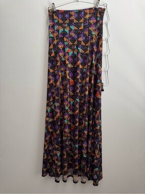 LuLaRoe Black Maxi Skirt with Purple, Orange and Teal Floral-Geometric Print